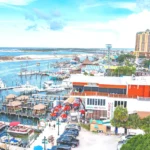 Coastal cityscape with boats and skyline