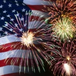 Bright fireworks and waving American flag