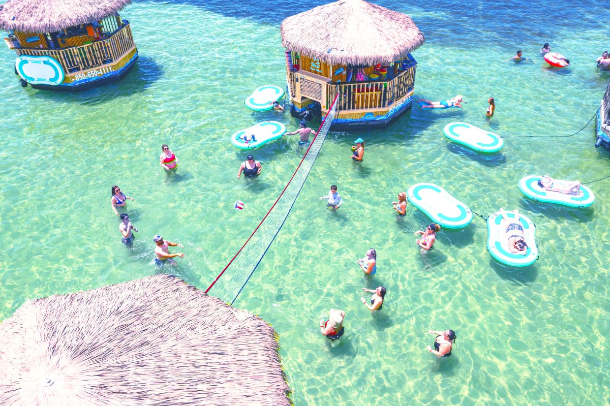 Aerial view of floating tiki huts