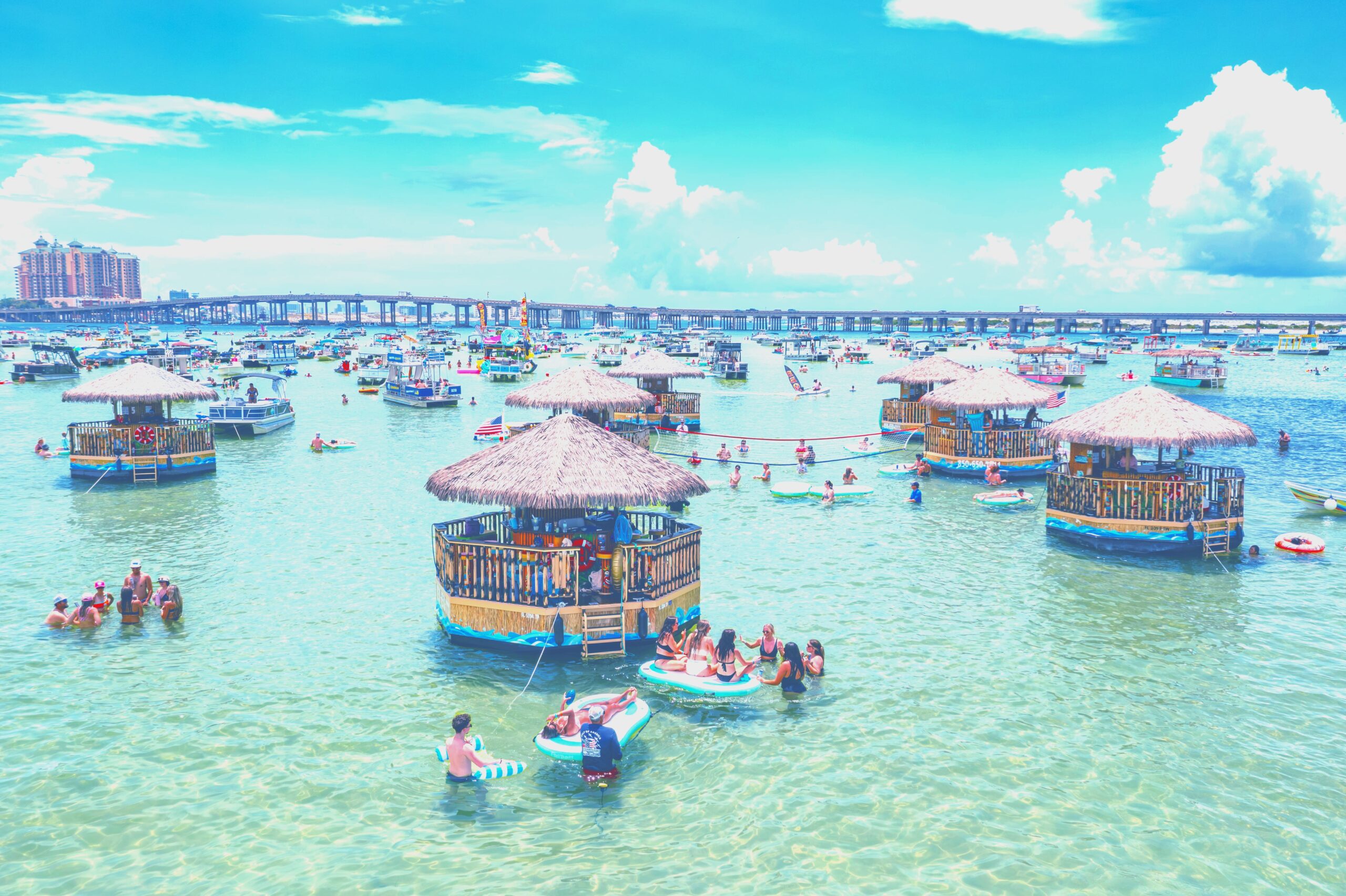 Vibrant seaside scene with floating structures